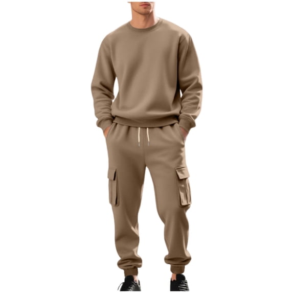 fheaev Sweat Suits for Men Fleece Lined Sweatshirt And Joggers Sets Casual Solid Color Round Neck Long Sleeve Pullover Blouses Top Drawstring Sweatpants with Pockets for Sports Lounging