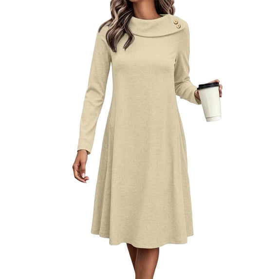 fheaev Sweater Dress for Women Long Sleeve Round Neck Ribbed A-Line Button Detail Swing Loose Fit Midi Dress Casual Fall Outfits Beige,L
