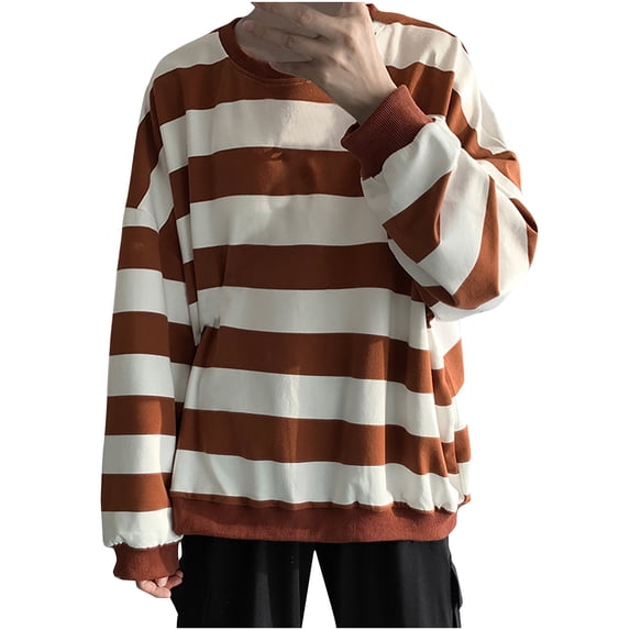 fheaev Sweatshirt For Men Casual Soft And Comfortable T-Shirt Hoodless Round Neck Pullover Stripe Color Block Long Sleeve Shirts Top Blouse Sports Sweatshirt