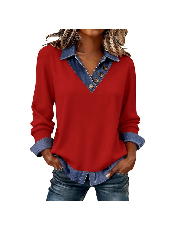 Sweatshirt for Women Lapel Collar Button Down Denim Long Sleeve Patchwork Casual Weekend Top Red,M