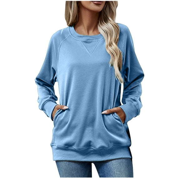 fheaev Sweatshirts for Women Fall Fashion 2025 Long Sleeve Shirts Solid Color Crew Neck Sweatshirt with Pocket Casual Loose Pullover Tops