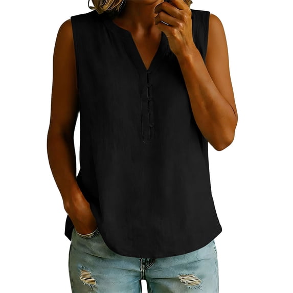 fheaev Tank Tops for Women Loose Fit Sleeveless Dressy Casual V Neck Button Down Summer Blouses Black L