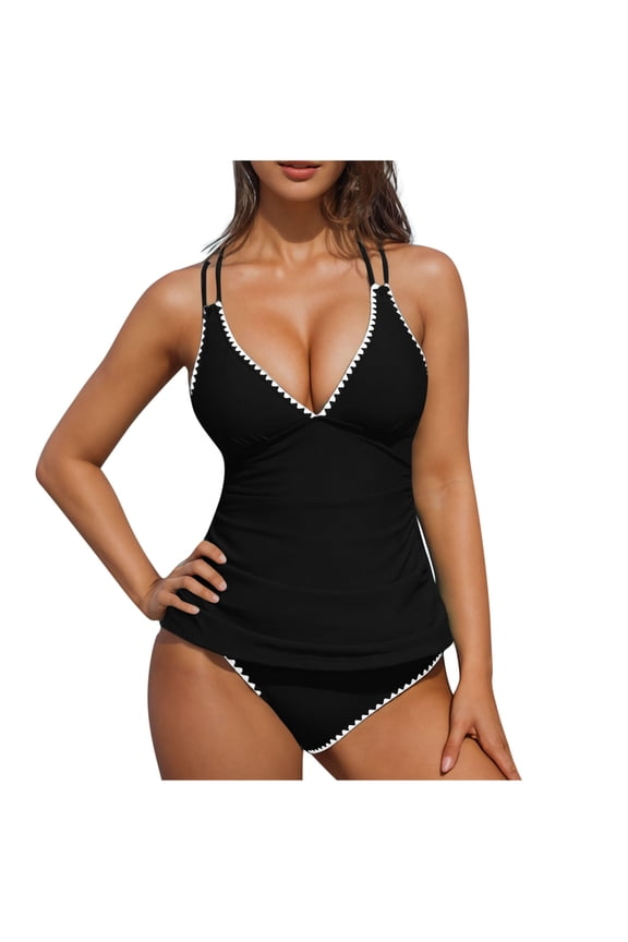 Tankini Swimsuits Set for Women Backless Adjustable Cross Strap Two-Piece Tankini Twist Tops Padded Push Up High Cut Cheeky No Steel Support Swimwear