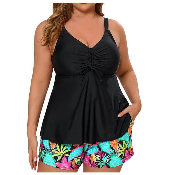 fheaev Tankini Swimsuits Set for Women Plus Size Modest Flowy Swim Tops with Chest Pad without Underwire Print Shorts Summer Beach Swimwear