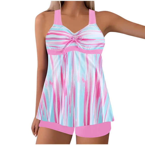 fheaev Tankini Swimsuits Set for Women Plus Size Modest Print Flowy Swim Tops with Chest Pad without Underwire And Shorts Summer Beach Swimwear