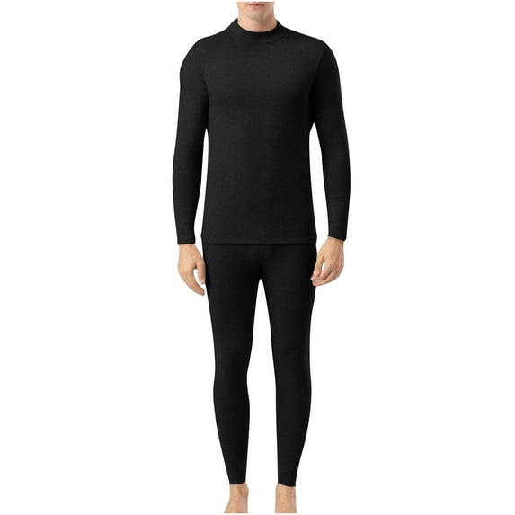 fheaev Thermal Underwear Set for Men Casual Solid Color Base Layer Cold Weather Bottom Top Long Sleeved Round Neck Shirt Set
