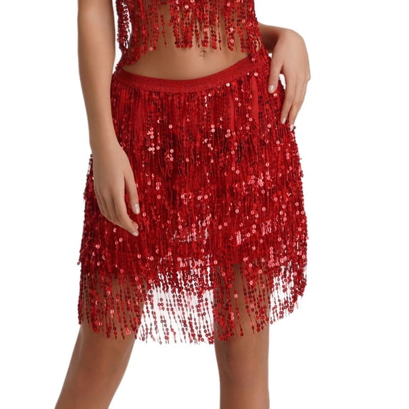 fheaev Tulle Skirts for Women Layered Mesh Adult Vintage Hip Scarf Sequined Tassel Waist Skirt Cosplay Party Dress