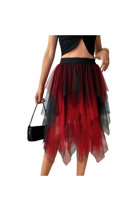 Tulle Skirts for Women Mid-Length High-Waisted Layered Asymmetrical A-Line Party Club Midi Skirt