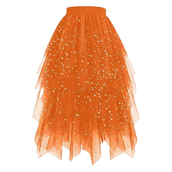 fheaev Tulle Skirts for Women Midi Long A-Line Sequin Thin Mesh Layered High Elastic Waist Irregular Skirts Party Wedding Casual Wear