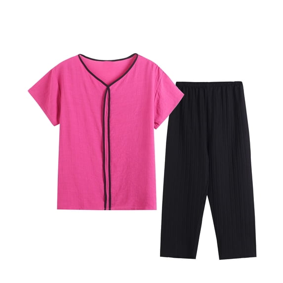 fheaev Two Piece Pajama Set For Women 2 Piece Set Round Neck Short Sleeve Tops Pants Set Soft Pjs Set Nightwear Sleepwear Pajama Set For Women
