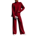 thumbnail image 1 of fheaev Two Piece Set for Women Solid Color Turtleneck Top High Waist Drawstring Wide Leg Pants Fall Winter Warm Outfit Red,XL, 1 of 7