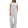 thumbnail image 1 of fheaev Summer 2 Piece Outfit for Women Ruched Short Sleeve Crewneck Tops Wide Leg Pants with Pockets Casual Tracksuit Sets, 1 of 8