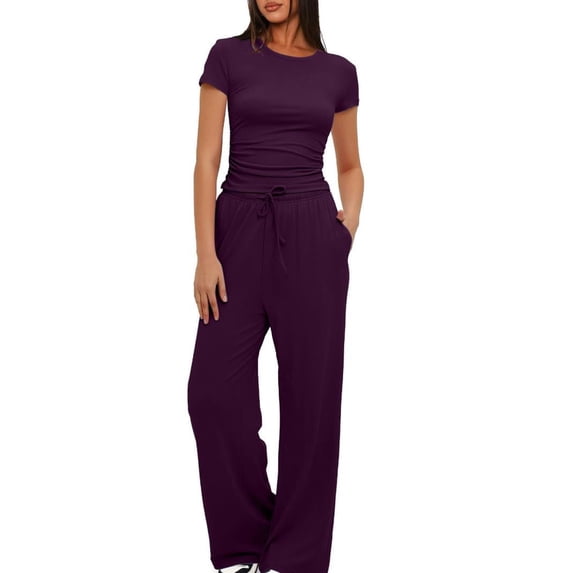 fheaev Summer 2 Piece Outfit for Women Ruched Short Sleeve Crewneck Tops Wide Leg Pants with Pockets Casual Tracksuit Sets
