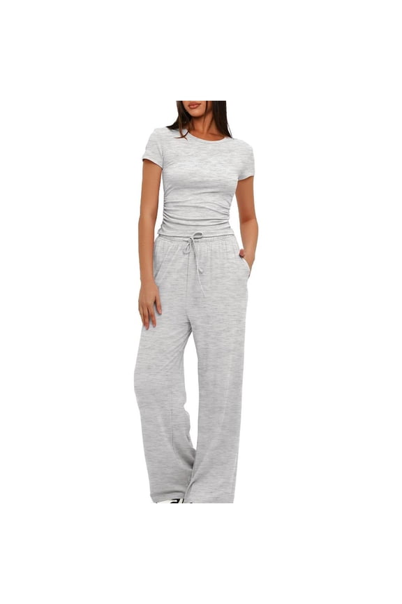 Two Piece Sets for Women Sweatsuit Sets Slim Sweatshirt Fashion Pullover Short Sleeve Top Sweatpants with Pockets 2 Piece Outfits Jogging Suits