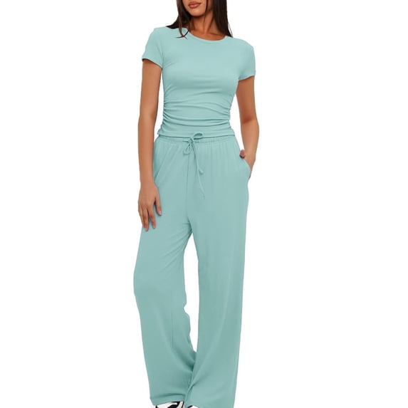 fheaev Summer 2 Piece Outfit for Women Ruched Short Sleeve Crewneck Tops Wide Leg Pants with Pockets Casual Tracksuit Sets