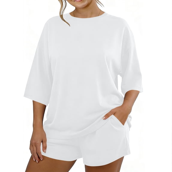 fheaev Two Piece Sets for Women Crew Neck Short Sleeve Top Drawstring Shorts with Pocket Loose Fit 2 Piece Sleepwear XL White