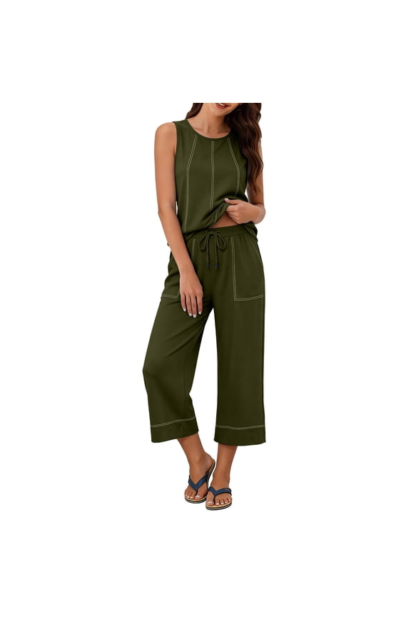 Two Piece Sets for Women Sleeveless Tank Tops Drawstring Wide Leg Cropped with Pockets Vacation Travel Outfits M Army Green