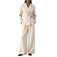 thumbnail image 1 of fheaev Two Piece Suits for Women Dressy Elegant Tie Waist Top High Waist Wide Leg Pants Business Office Outfit Beige,S, 1 of 8