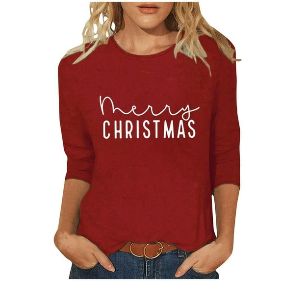 fheaev Ugly Christmas Shirt for Women Fashion Xmas Printed 3/4 Sleeve Round Neck T-Shirt Loose Vacation Xmas Holiday Party Pullover Tunic Top Blouse