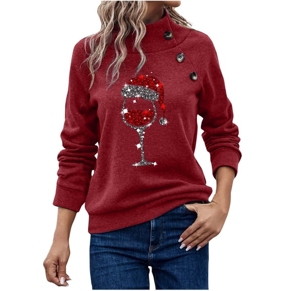 fheaev Ugly Christmas Sweater for Women Funny Cute Tshirt Christmas Graphics Print Half-Height Button-Down Long Sleeve Comfortable Round Neck Holiday Pullover Loose Blouse Top Hoodless Sweatshirts