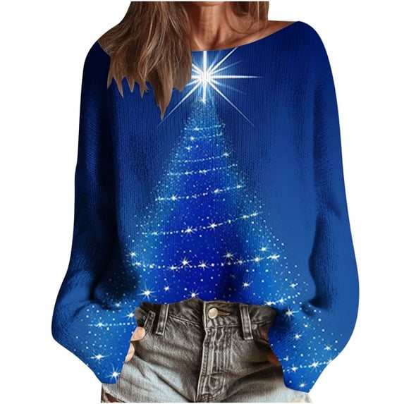 fheaev Ugly Christmas Sweater for Women Retro Lights Christmas Tree Graphic Long Sleeve Shirt Xmas Holiday Party Knit Pullover Top