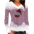 thumbnail image 1 of fheaev Ugly Christmas Sweaters for Women Wine Glass Printed Plush Fluffy Neckline V-Neck Patchwork Long Sleeved Slim Fitting Bottom T-Shirt Top Winter Holiday Pullovers T-Shirt Blouse Top, 1 of 3