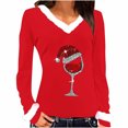 thumbnail image 1 of fheaev Ugly Christmas Sweaters for Women Wine Glass Printed Plush Fluffy Neckline V-Neck Patchwork Long Sleeved Slim Fitting Bottom T-Shirt Top Winter Holiday Pullovers T-Shirt Blouse Top, 1 of 1