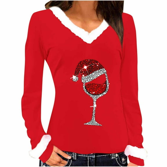 fheaev Ugly Christmas Sweaters for Women Wine Glass Printed Plush Fluffy Neckline V-Neck Patchwork Long Sleeved Slim Fitting Bottom T-Shirt Top Winter Holiday Pullovers T-Shirt Blouse Top