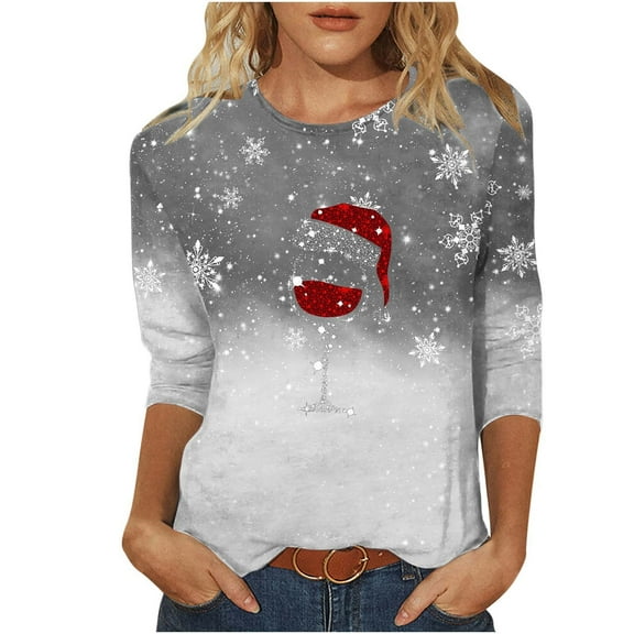 fheaev Ugly Christmas Sweatshirts for Women Funny Xmas Printed Wine Glass Printed Crewneck Christmas Sweaters 3/4 Sleeves Party Holiday Pullover Shirt Blouse Top