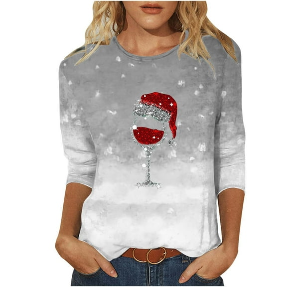 fheaev Ugly Christmas Sweatshirts for Women Funny Xmas Printed Wine Glass Printed Crewneck Christmas Sweaters 3/4 Sleeves Party Holiday Pullover Shirt Blouse Top
