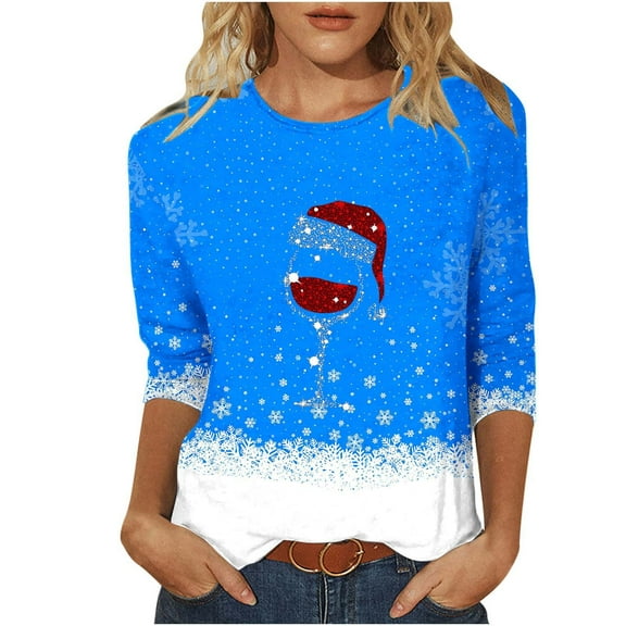 fheaev Ugly Christmas Sweatshirts for Women Funny Xmas Printed Wine Glass Printed Crewneck Christmas Sweaters 3/4 Sleeves Party Holiday Pullover Shirt Blouse Top