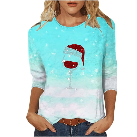 fheaev Ugly Christmas Sweatshirts for Women Funny Xmas Printed Wine Glass Printed Crewneck Christmas Sweaters 3/4 Sleeves Party Holiday Pullover Shirt Blouse Top