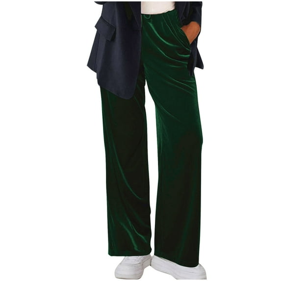 fheaev Velvet Pants For Women Drawstring Wide Leg Casual Pant Solid Color Elastic High Waist Straight Leg Pants Loose Comfy Trousers With Pockets