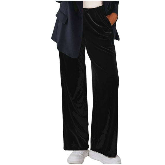 fheaev Velvet Pants For Women Drawstring Wide Leg Casual Lounge Pant Solid Color Elastic High Waist Straight Leg Pants Loose Comfy Trousers With Pockets