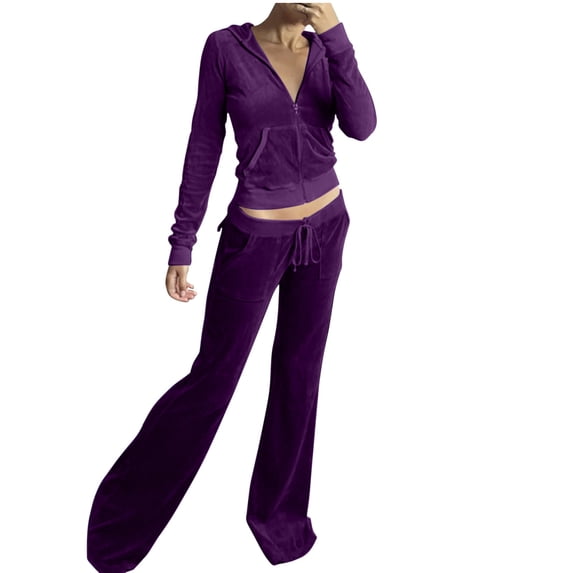 fheaev Velvet Sweat Set for Women Casual Long Sleeve Crop Top Zip Up Hooded Sweatshirt And Drawstring Sweatpants with Pockets Tracksuit Set Outfits