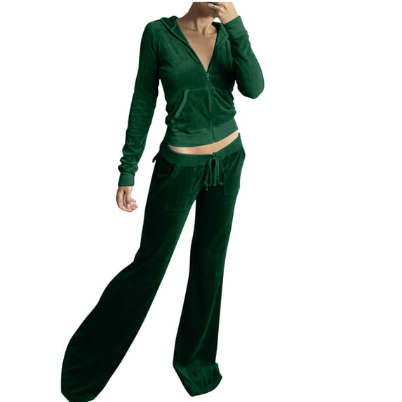 fheaev Velvet Sweat Set for Women Casual Long Sleeve Crop Top Zip Up Hooded Sweatshirt And Drawstring Sweatpants with Pockets Tracksuit Set Outfits