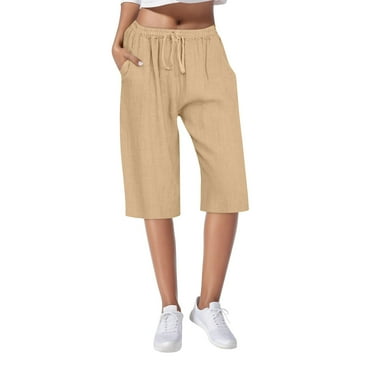 fheaev Wide Leg Linen Capri Pants For Women Summer Drawstring Elastic Waist Loose Cotton Linen Palazzo Pants With Pockets Lightweight Summer Casual Cropped Pants