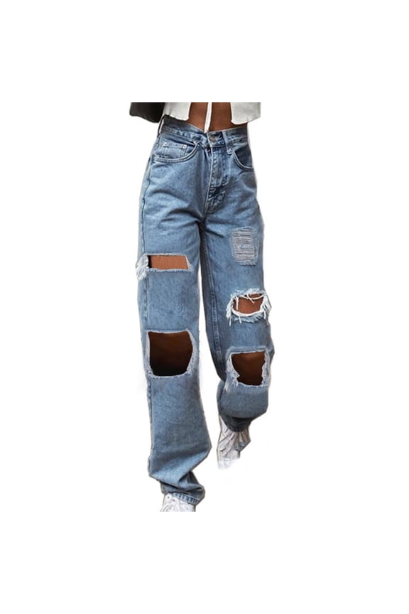 Wide Leg Ripped Jeans For Women Baggy Distressed Denim Pants Casual High Waist Straight Leg Ripped Jeans Boyfriend Jeans Cut Out Denim Pants