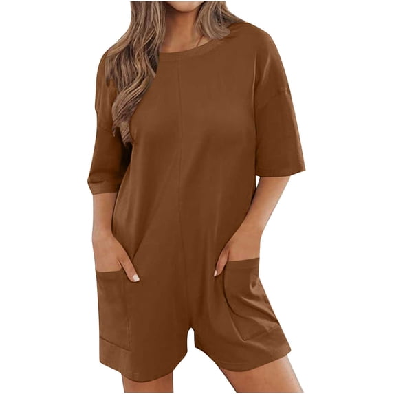 fheaev Wide Leg Short Jumpsuit For Women Button Summer Beach Rompers Outfit With Pockets Casual Crew Neck Short Sleeve Workout Athletic Romper Onesie