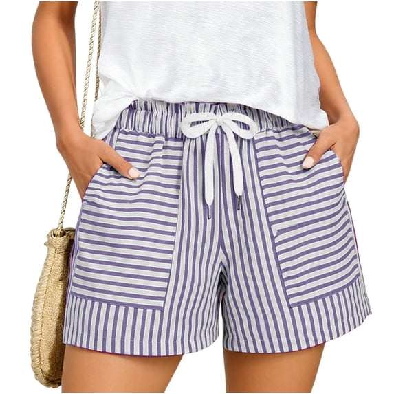 fheaev Women'S Striped Elastic Waist Drawstring Casual Shorts with Pockets for Outdoor Purple XL