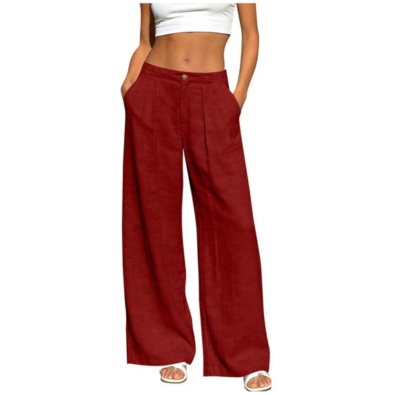fheaev Women Summer High Waisted Cotton Linen Palazzo Button Wide Leg Trousers with Pocket Red L