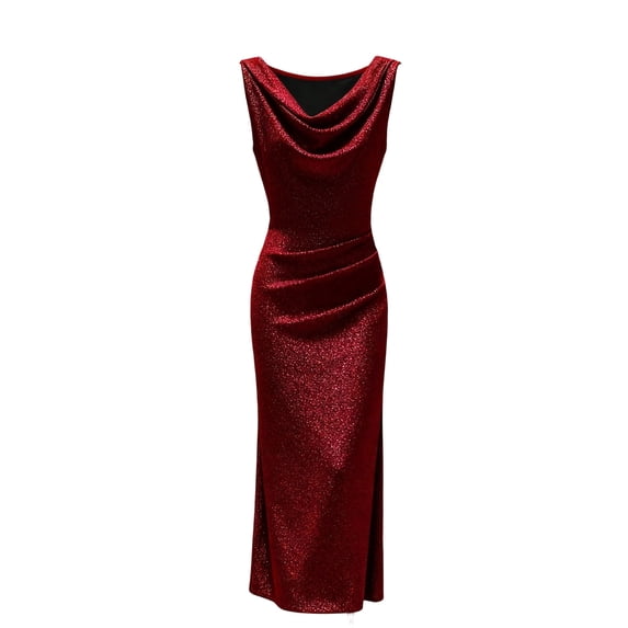 fheaev Women's Bodycon Long Dress Deep V Neck Sleeveless Ruched Glitter for Party Evening Wine M