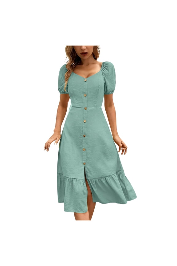 Women's Calf Length Dress Fashion Solid Short Sleeve Decorative Button Back Zip Flared Side Slit for Party Blue S
