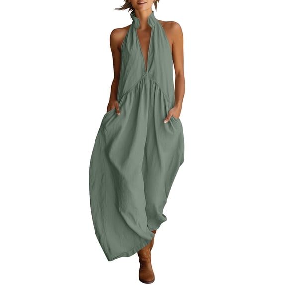 fheaev Women's Maxi Dress Linen Halter Neck Sleeveless Pleated Backless with Pockets Solid for Vacation Green L