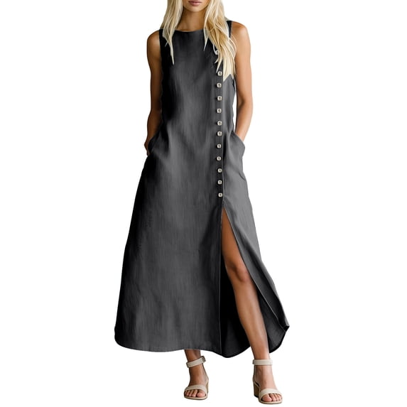 fheaev Women's Maxi Dress Linen Relaxed Fit Sleeveless Button Front Slit for Everyday Gray XL