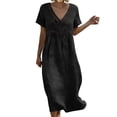 thumbnail image 1 of fheaev Women's Maxi Dress Linen Short Sleeve V Neck Lace Trim Loose Fit for Beach Summer Black 3XL, 1 of 8