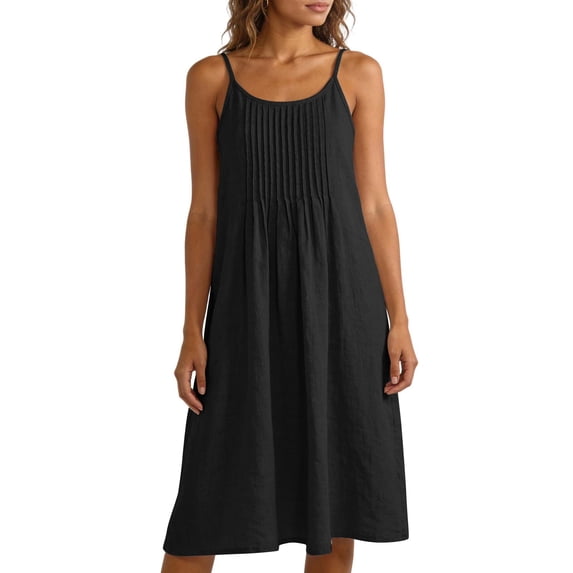 fheaev Women's Midi Dress Adjustable Spaghetti Strap Sleeveless Pleated Front Flowy for Casual Black M