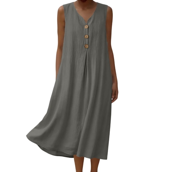 fheaev Women's Midi Dress Button Pocket Linen Loose Sleeveless V Neck for Everyday Gray XL