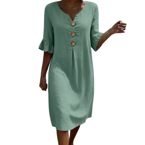 fheaev Women's Midi Dress Short Sleeve V Neck Button Down Loose with Pockets for Casual Mint Green 2XL