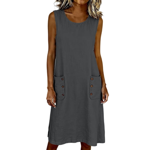 fheaev Women's Midi Dress Sleeveless Crew Neck Button Pocket Loose Casual Summer for Everyday Gray S
